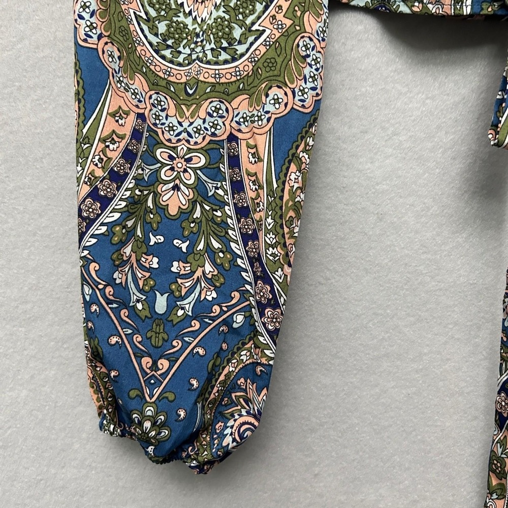 SHEIN Curve Paisley Tie Front Crop Top Womens 2XL Blue Green Boho Long Sleeve - Picture 5 of 16